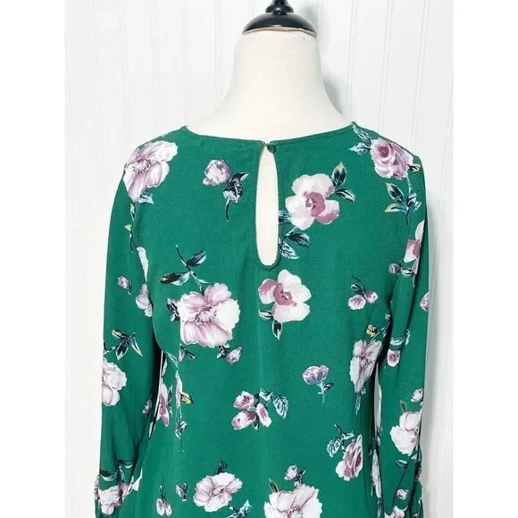 Live To Be Spoiled Floral Print Long Bell Sleeve Blouse Keyhole Back Green Large - Picture 3 of 14